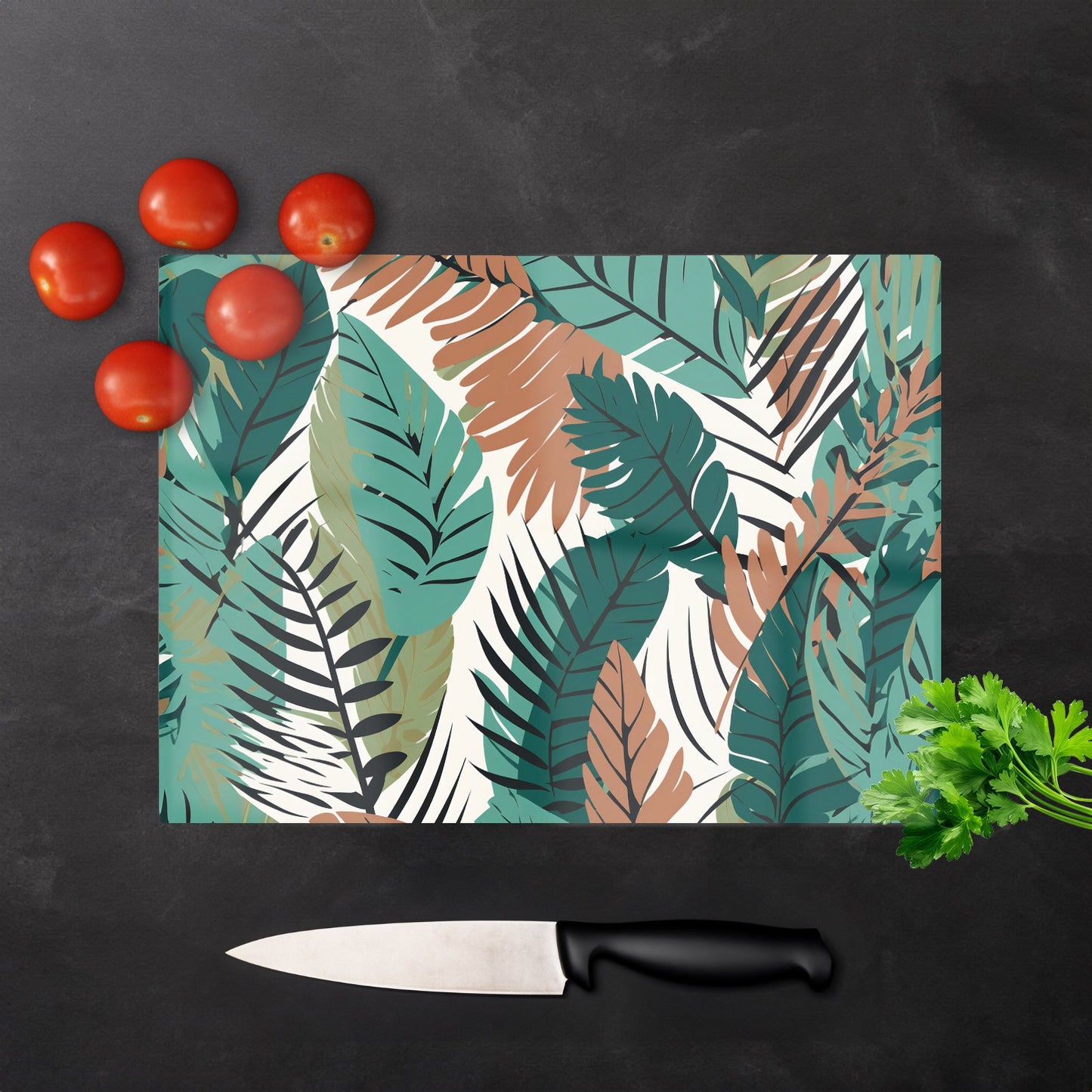 Tropical Floral Leaves Green Brown Glass Chopping Board