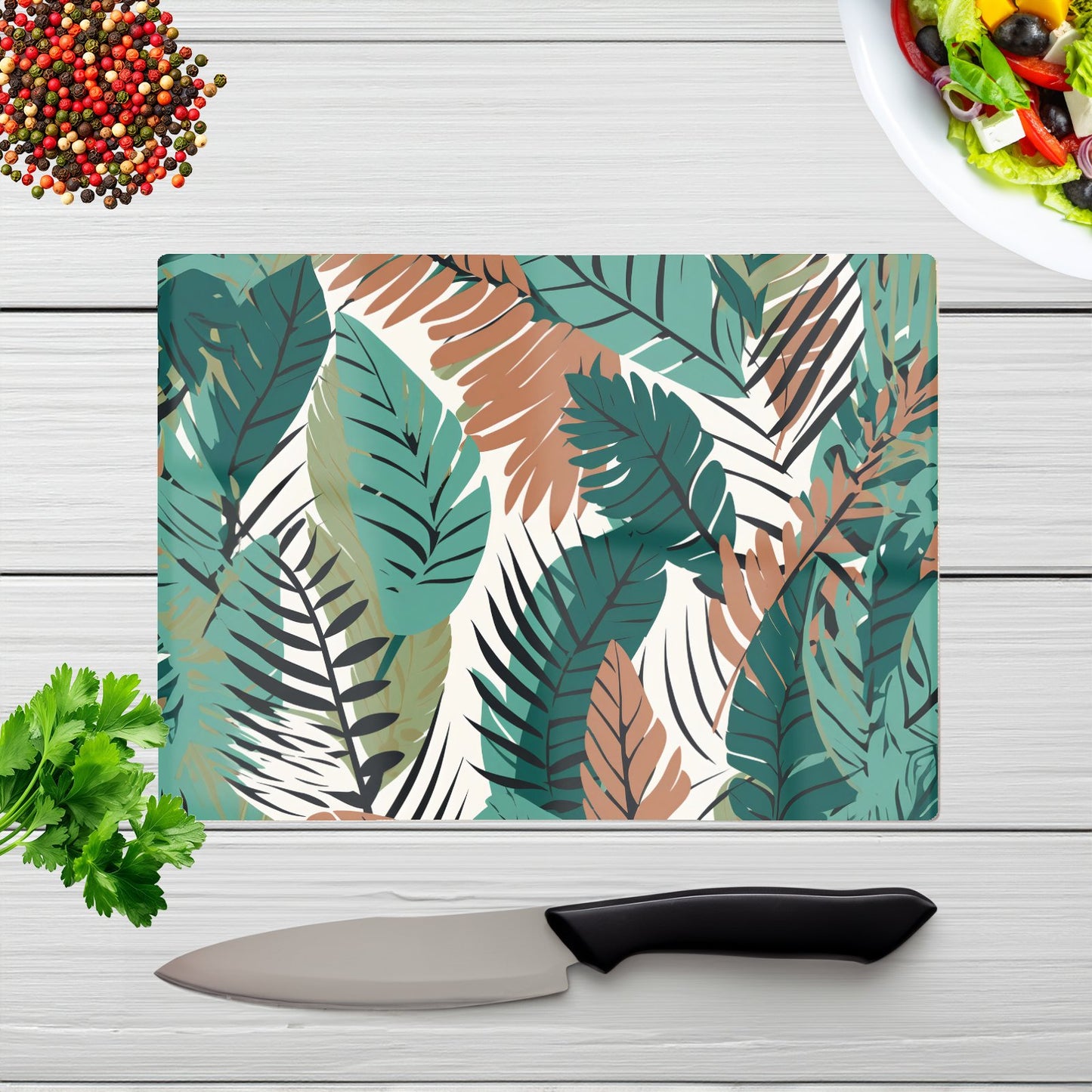 Tropical Floral Leaves Green Brown Glass Chopping Board
