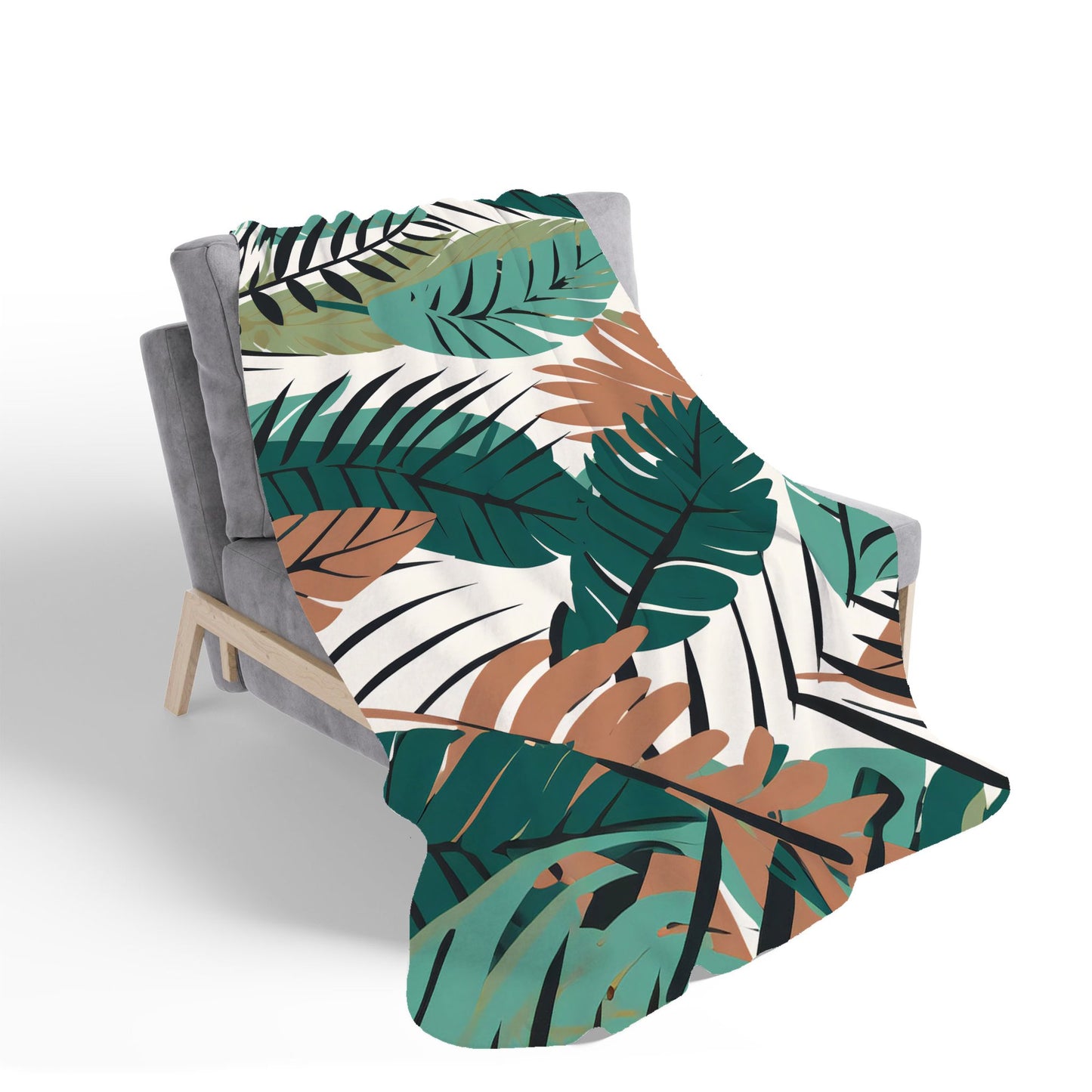 Tropical Floral Leaves Green Brown Sherpa Blanket