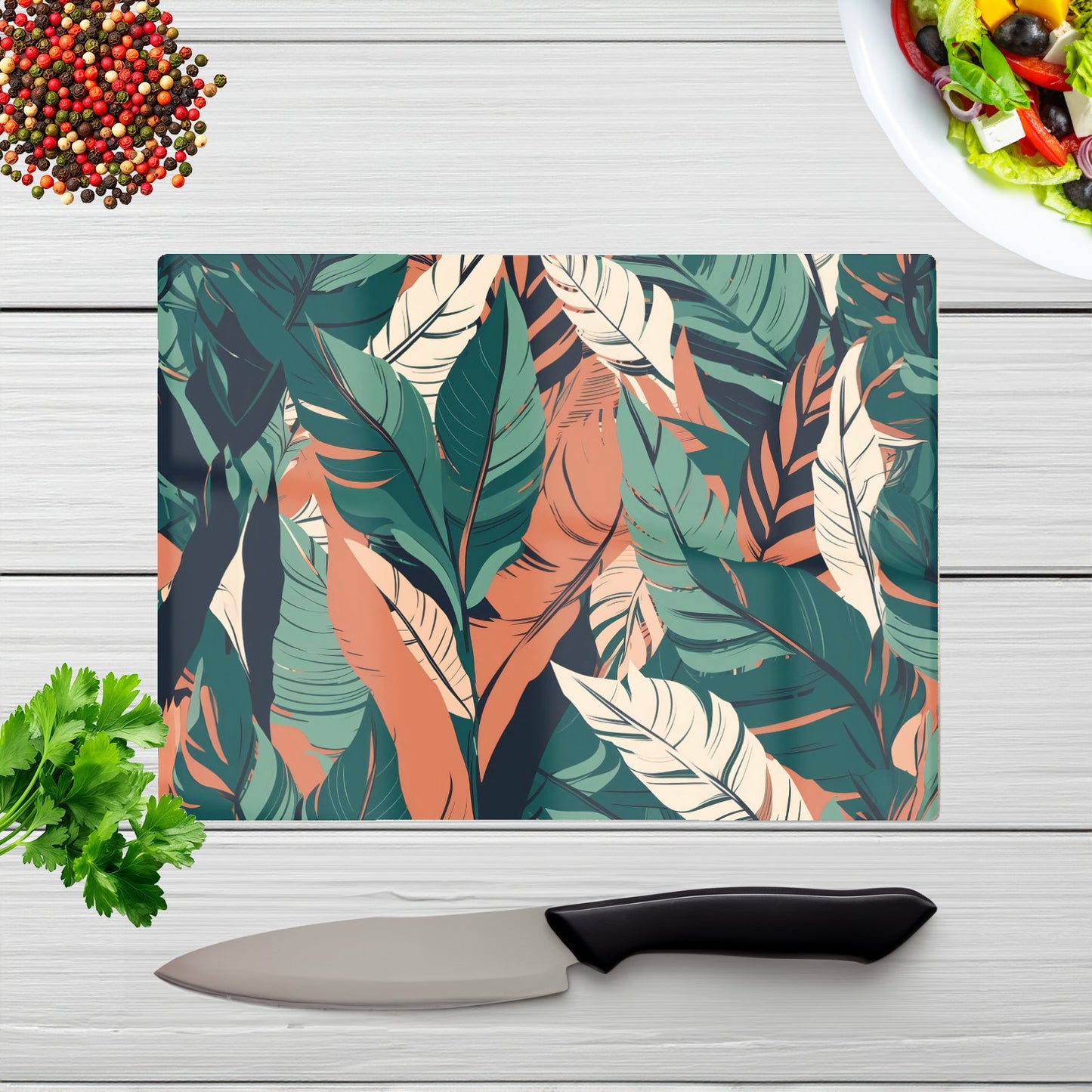 Autumn Tropical Leaves Glass Chopping Board