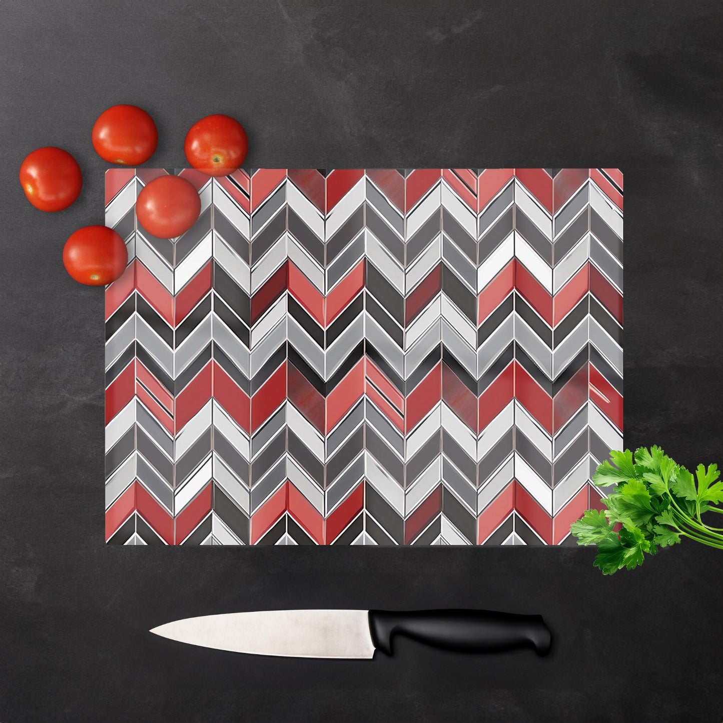 Red Grey Geometric Pattern Glass Chopping Board