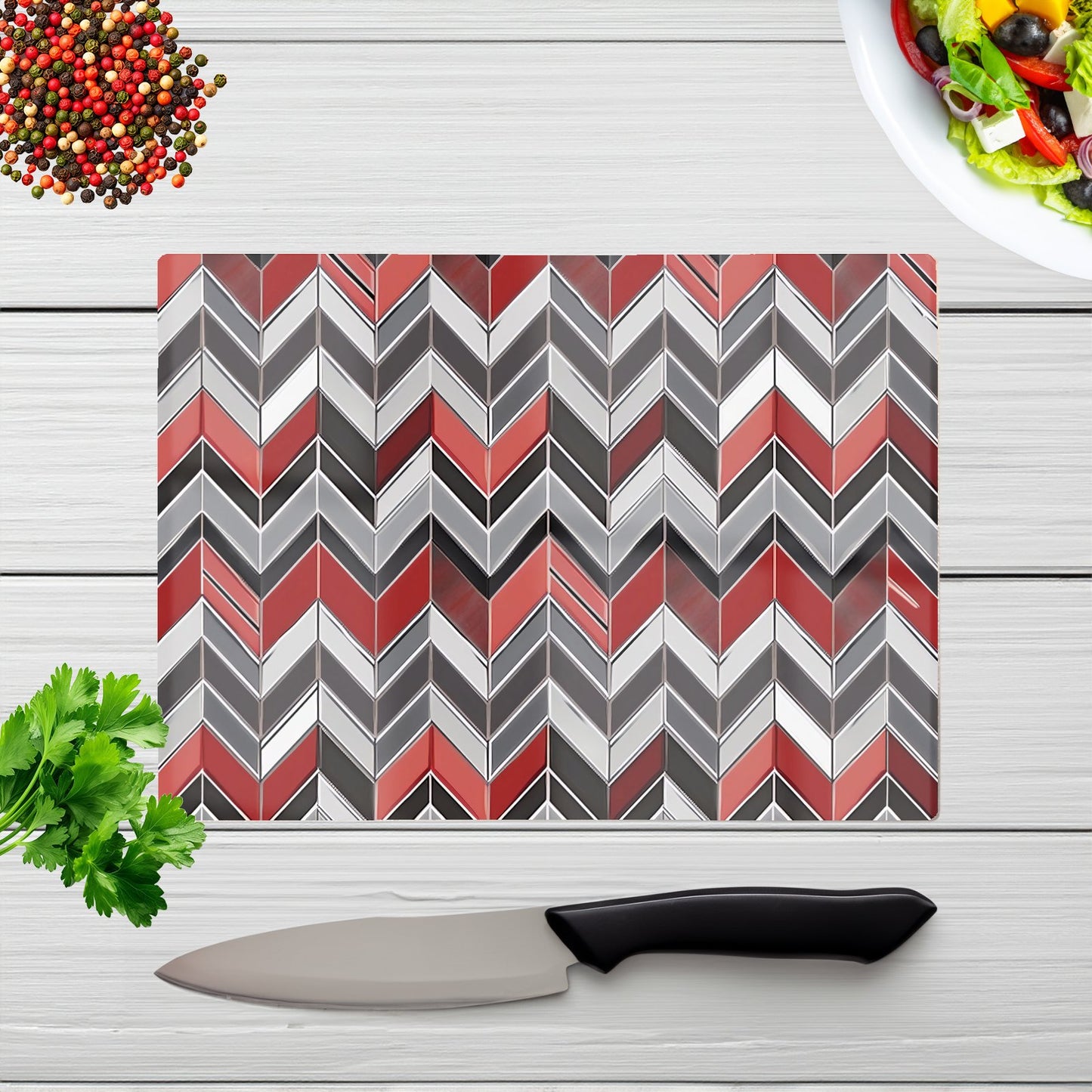 Red Grey Geometric Pattern Glass Chopping Board