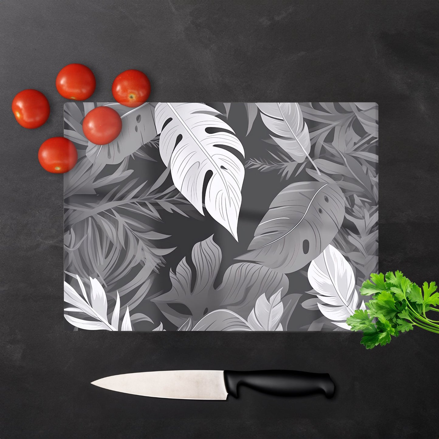 Black White Tropical Leaves Glass Chopping Board