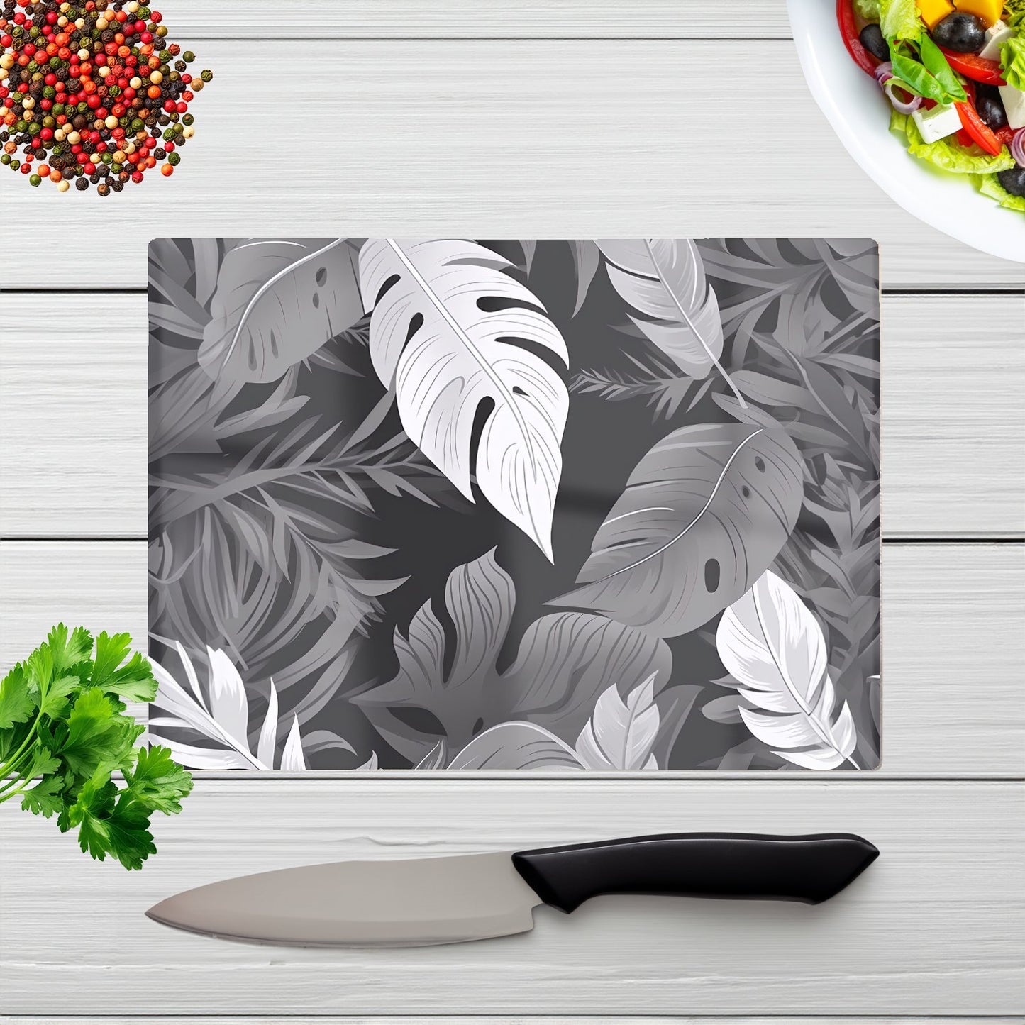 Black White Tropical Leaves Glass Chopping Board