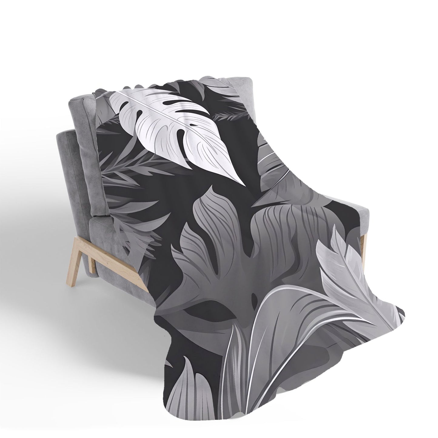 Black White Tropical Leaves Sherpa Blanket