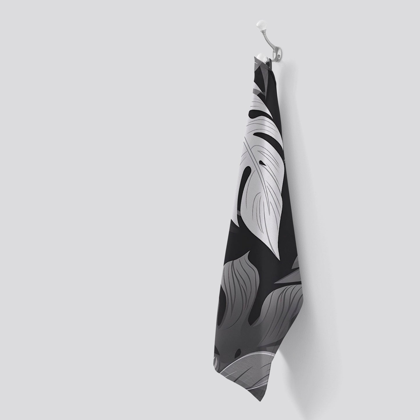 Black White Tropical Leaves Tea Towel