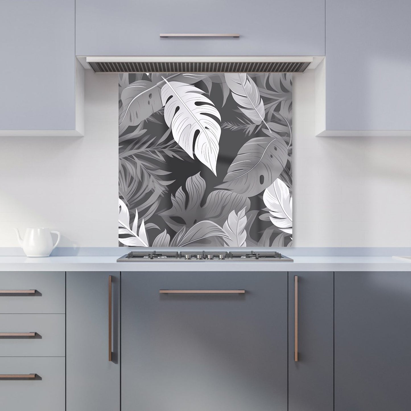 Black White Tropical Leaves Kitchen Splashback