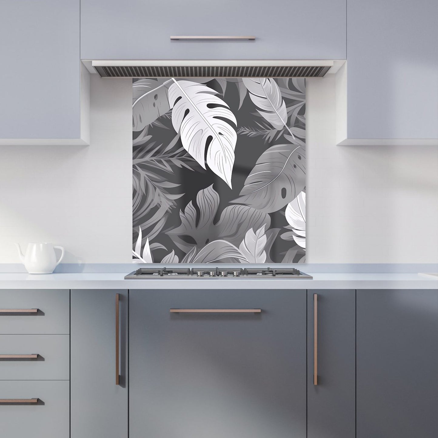 Black White Tropical Leaves Kitchen Splashback