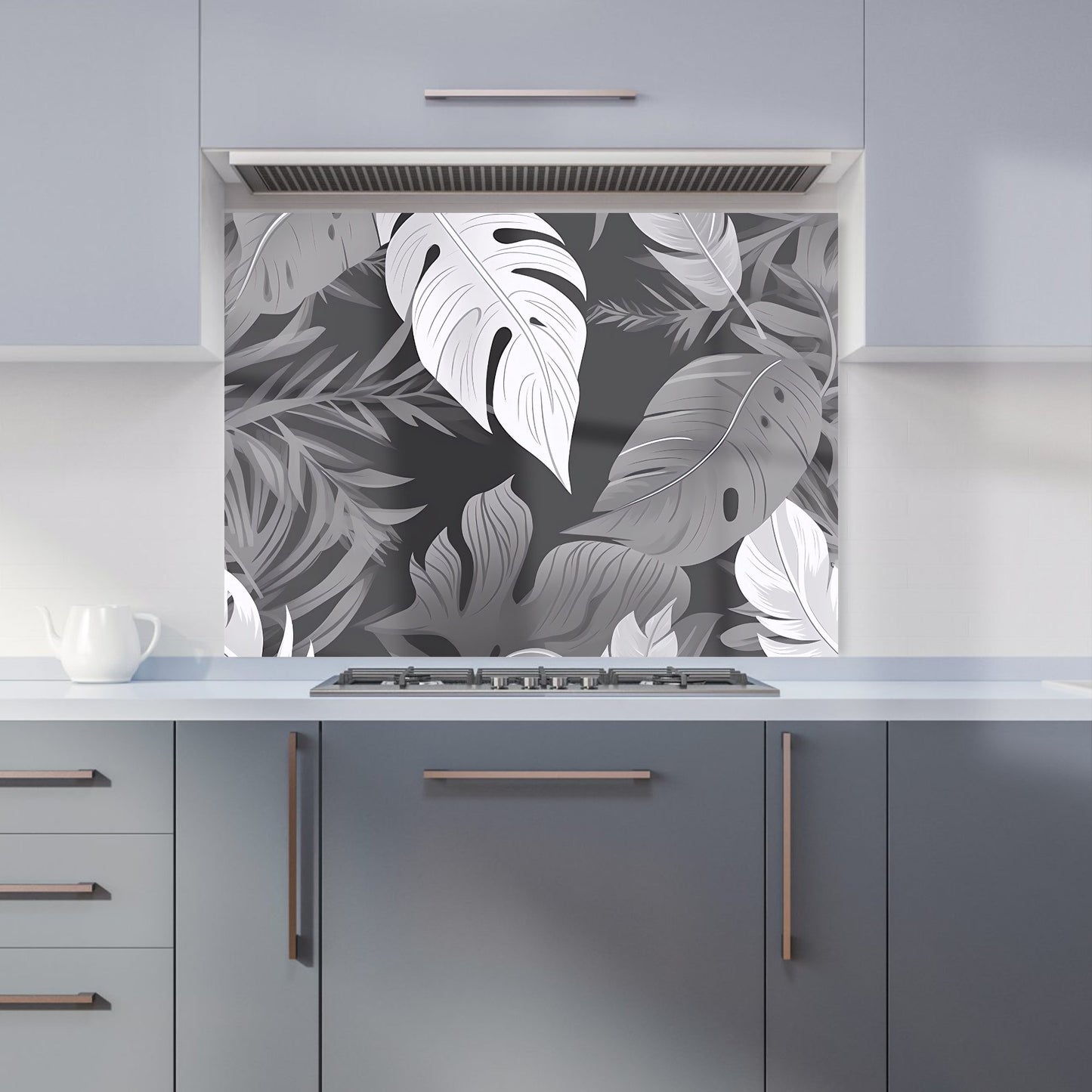 Black White Tropical Leaves Kitchen Splashback
