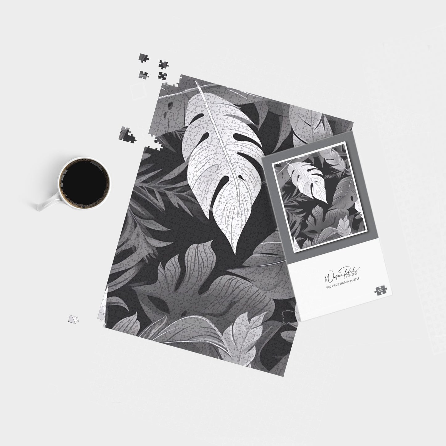 Black White Tropical Leaves Jigsaw Puzzle