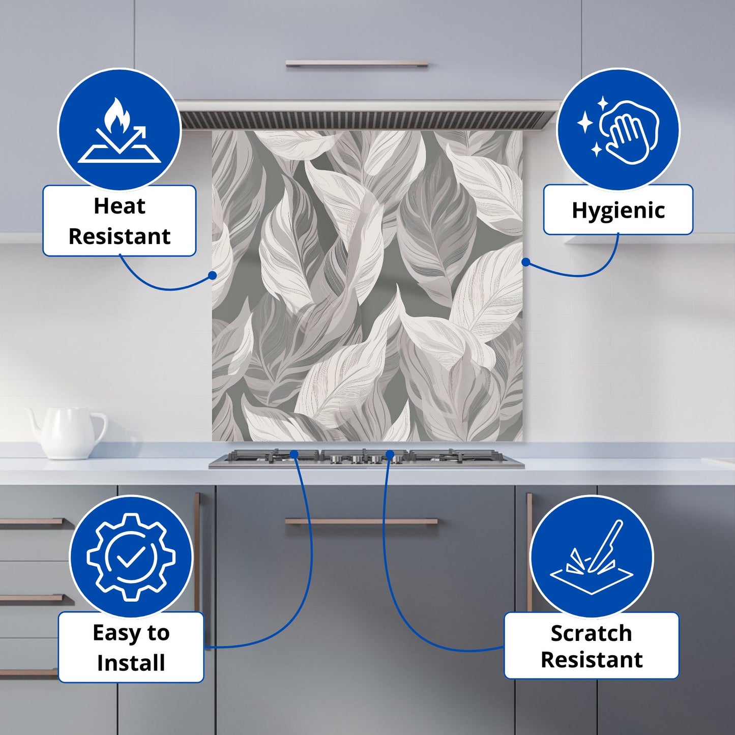 Grey Floral Leaves Kitchen Splashback