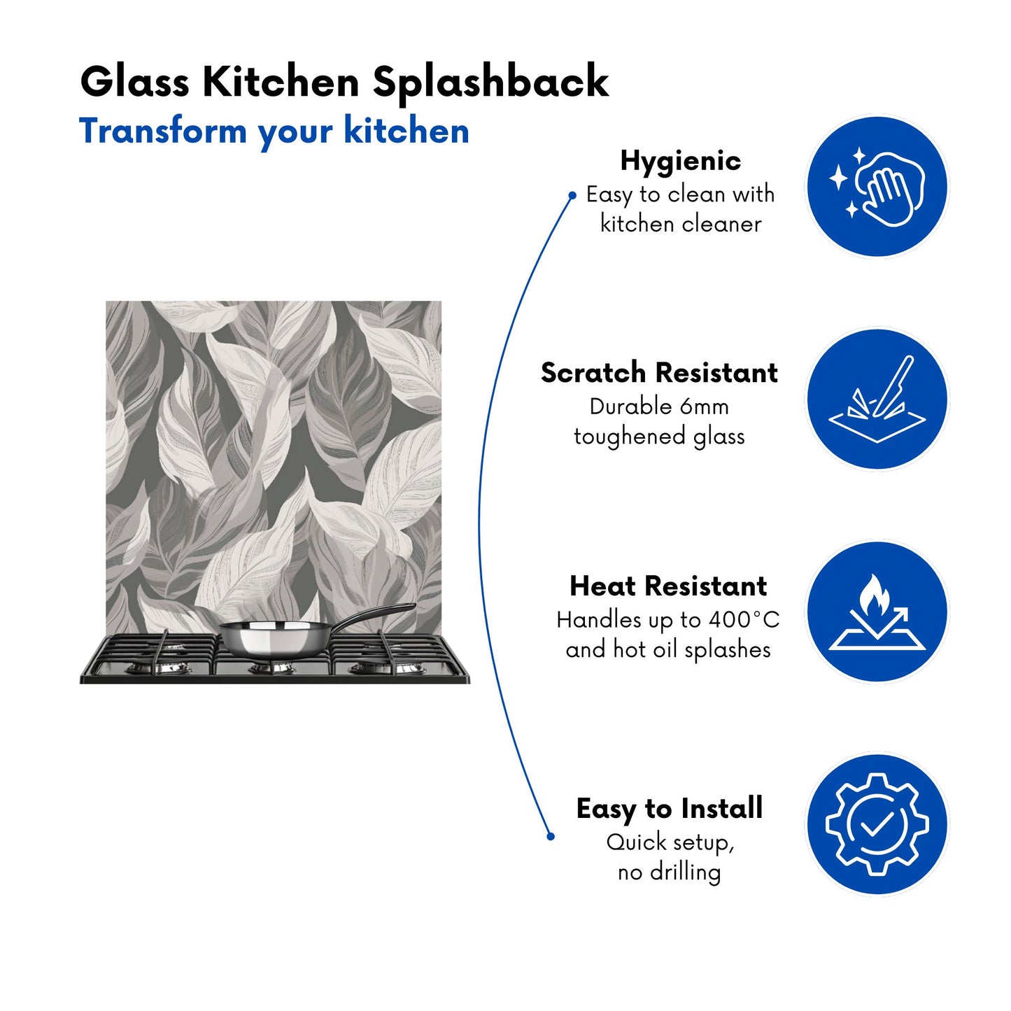 Grey Floral Leaves Kitchen Splashback