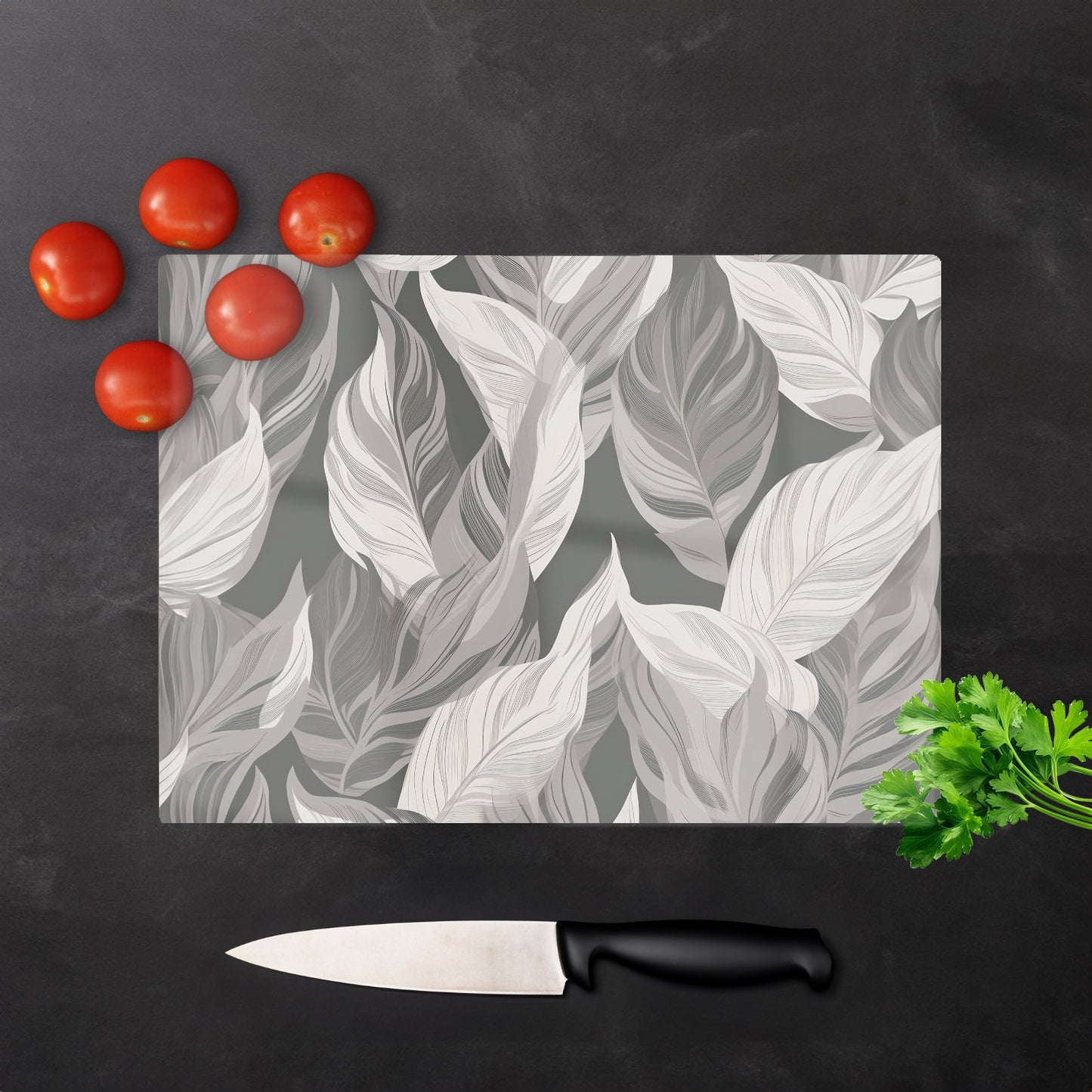 Grey Floral Leaves Glass Chopping Board