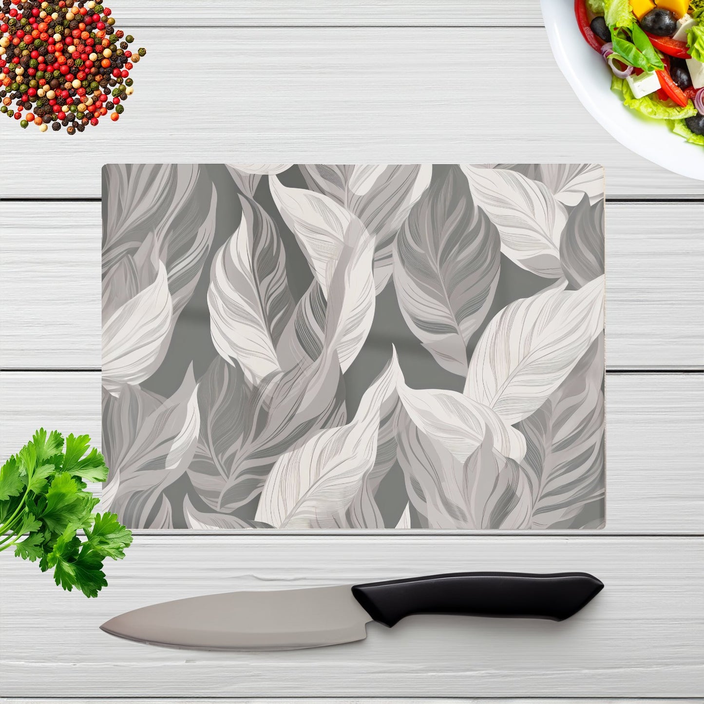Grey Floral Leaves Glass Chopping Board