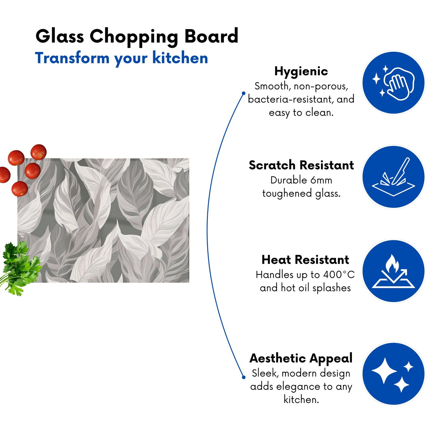 Grey Floral Leaves Glass Chopping Board
