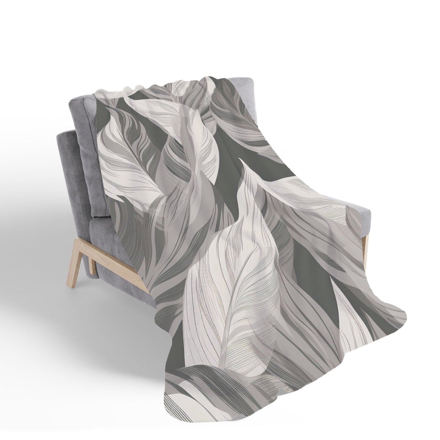 Grey Floral Leaves Sherpa Blanket