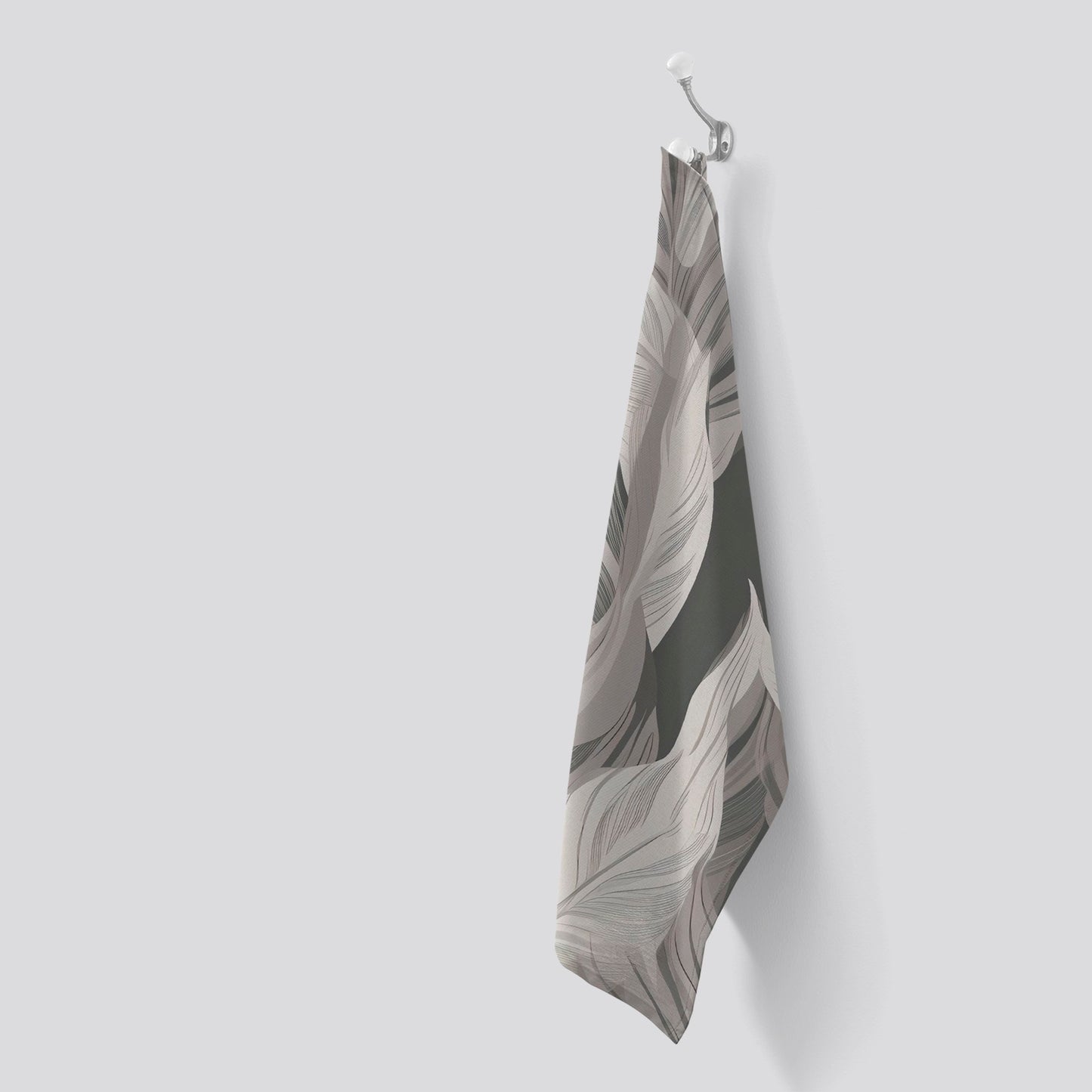 Grey Floral Leaves Tea Towel