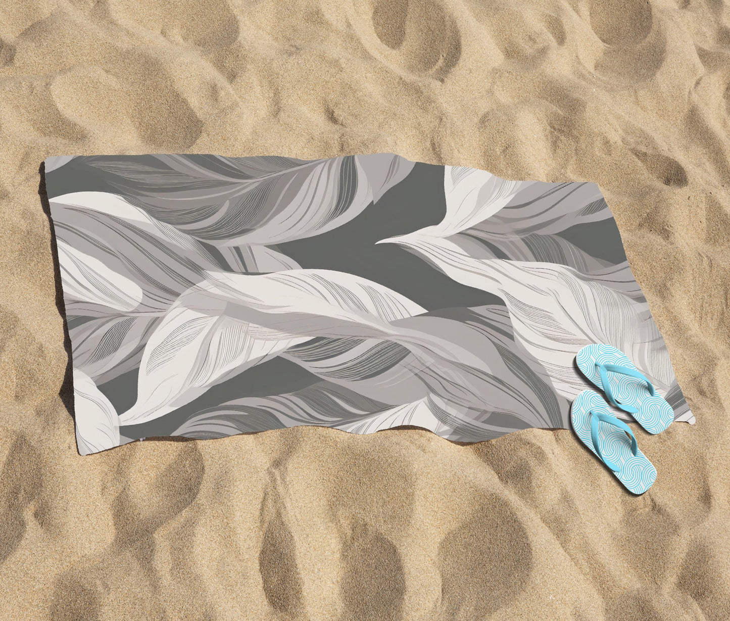 Grey Floral Leaves Beach Towel