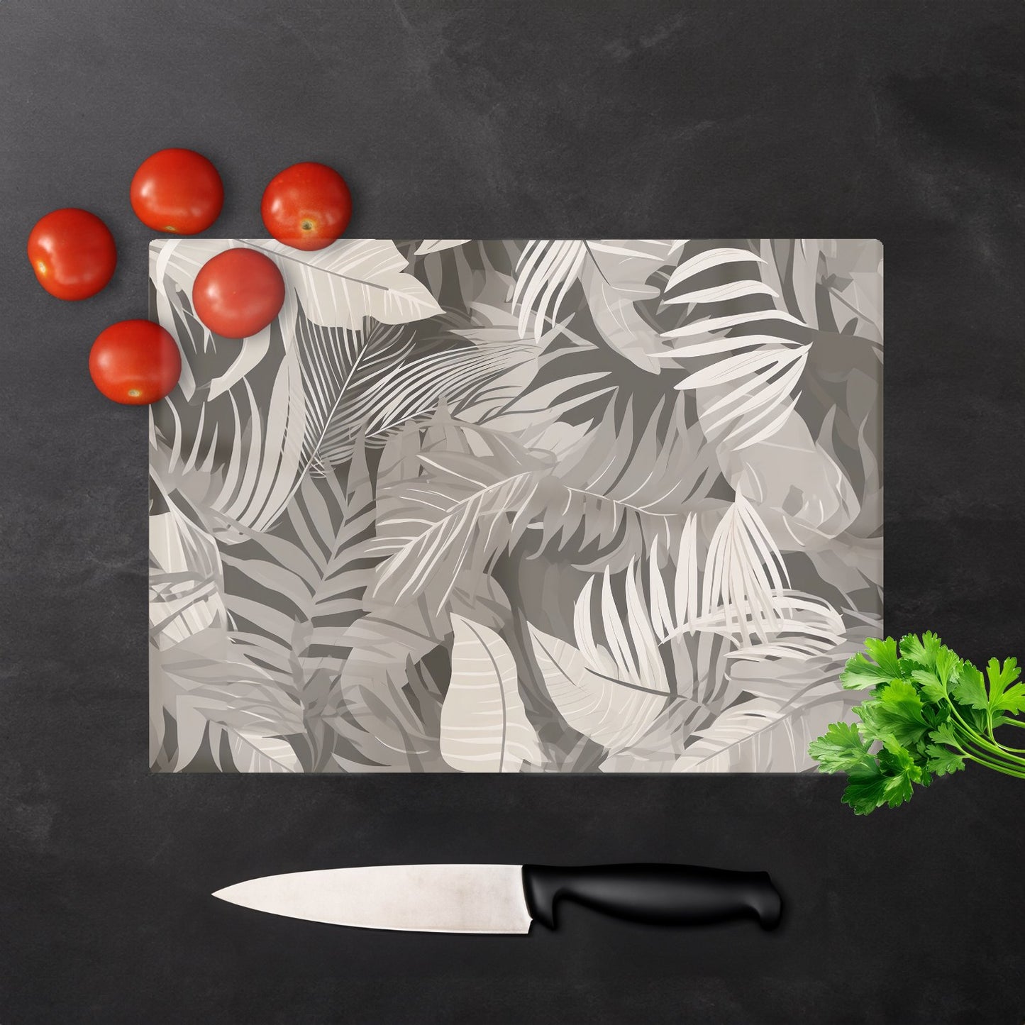 Grey Brown Tropical Leaves Glass Chopping Board