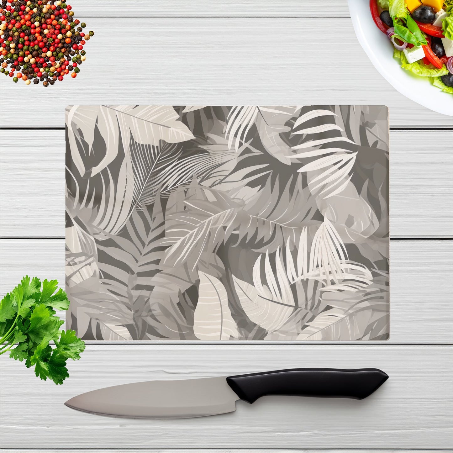 Grey Brown Tropical Leaves Glass Chopping Board