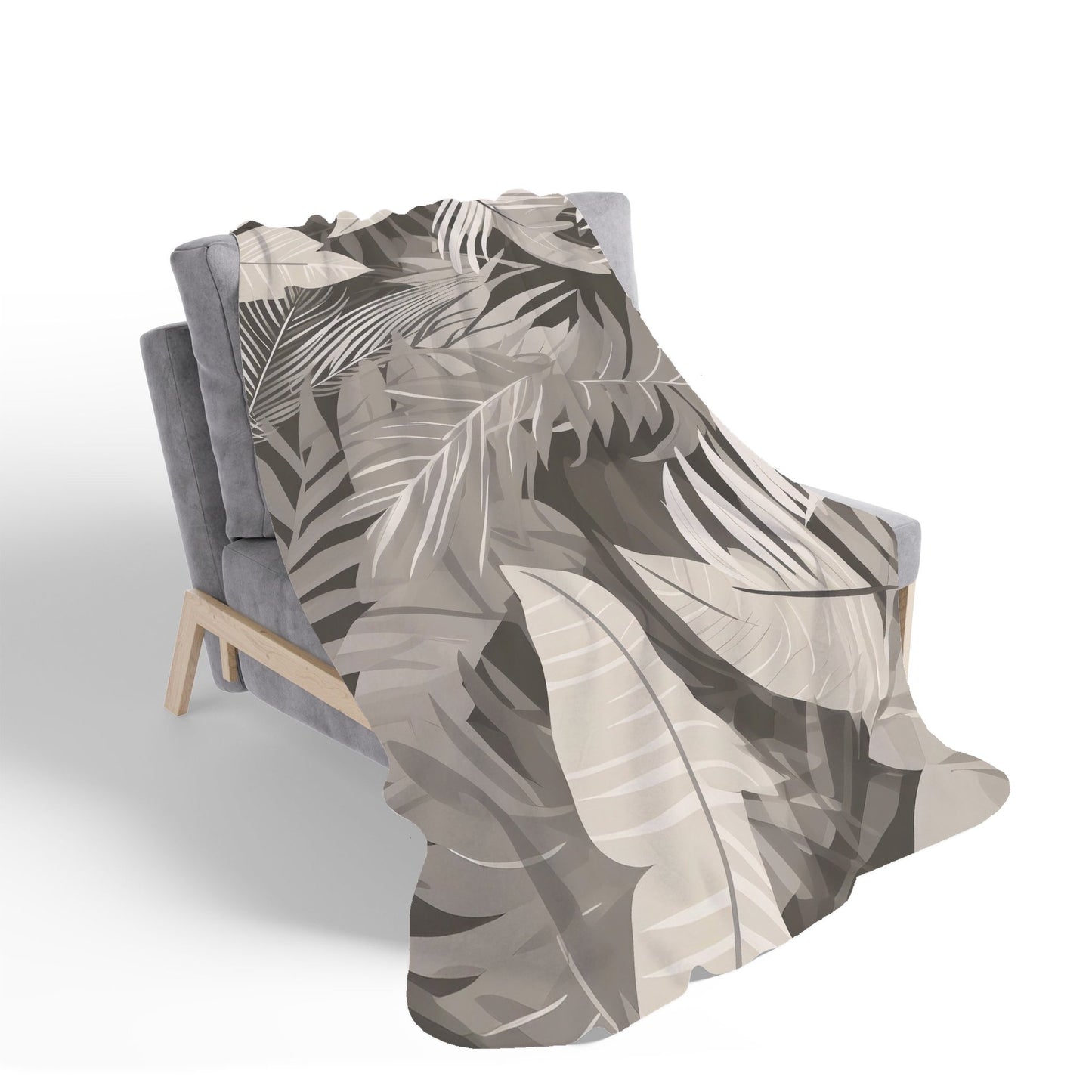 Grey Brown Tropical Leaves Sherpa Blanket
