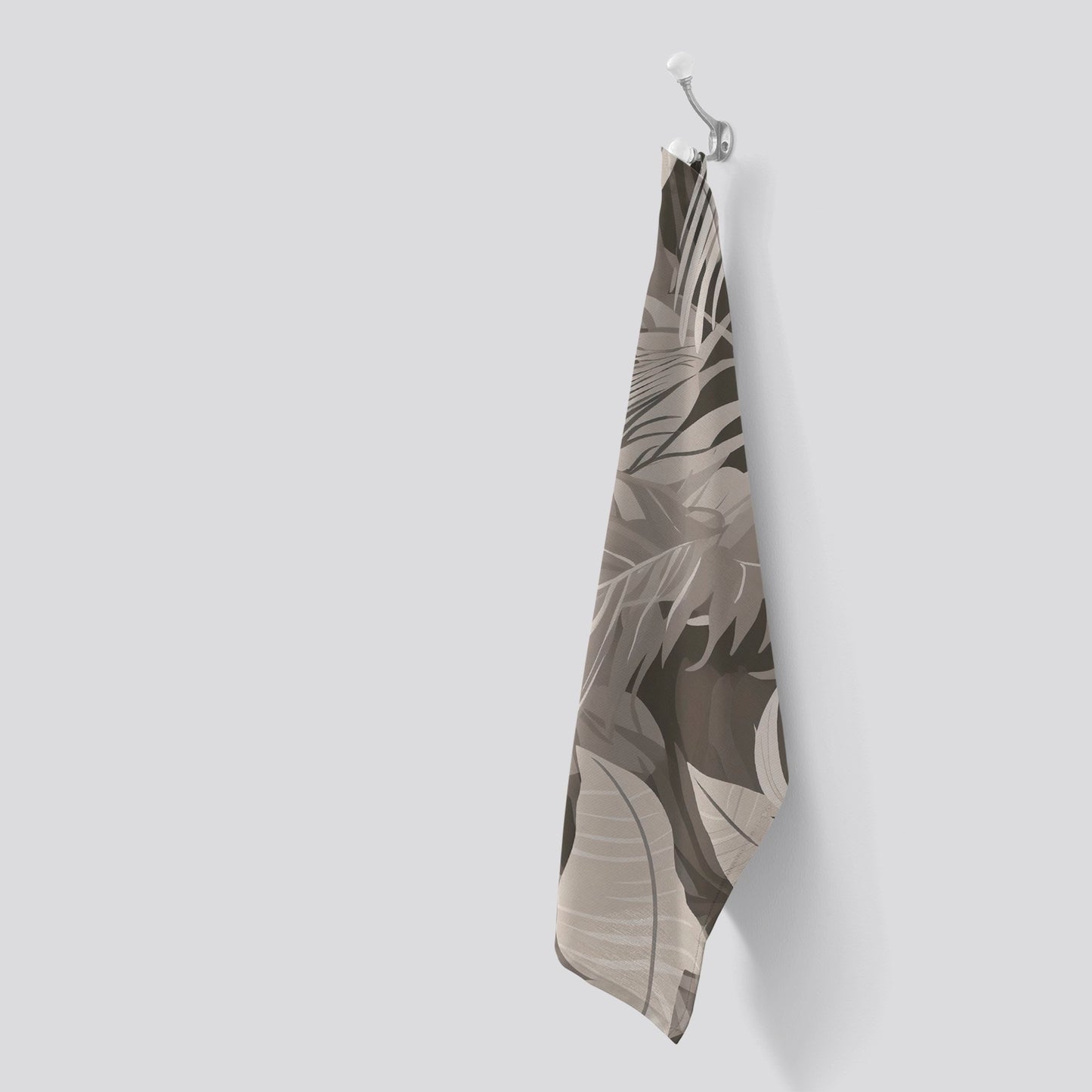 Grey Brown Tropical Leaves Tea Towel
