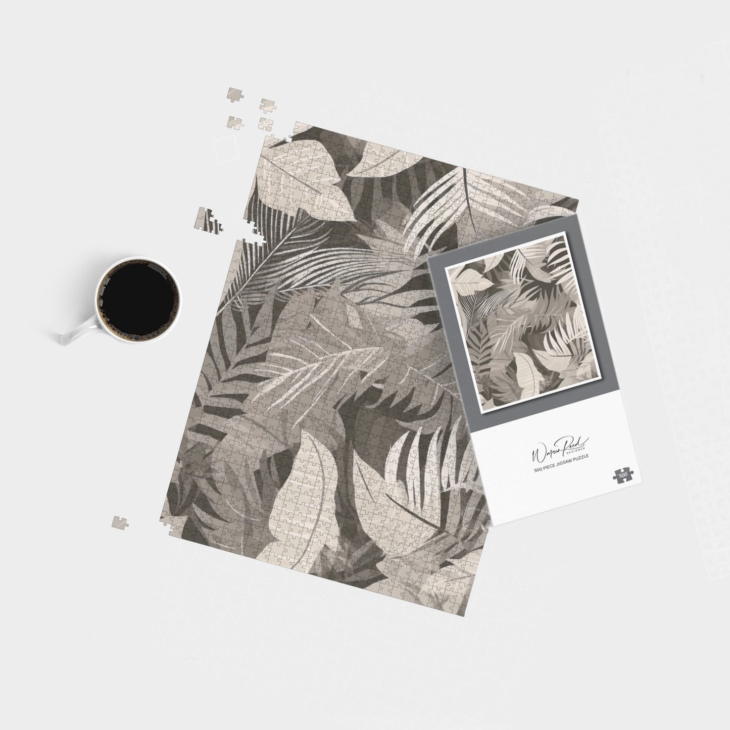 Grey Brown Tropical Leaves Jigsaw Puzzle