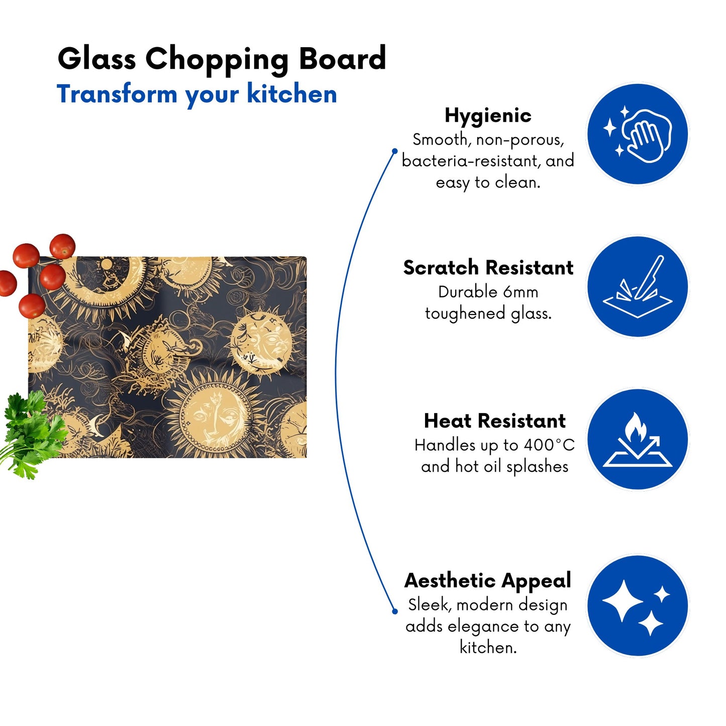 Moon And Sun Gold Blue Glass Chopping Board