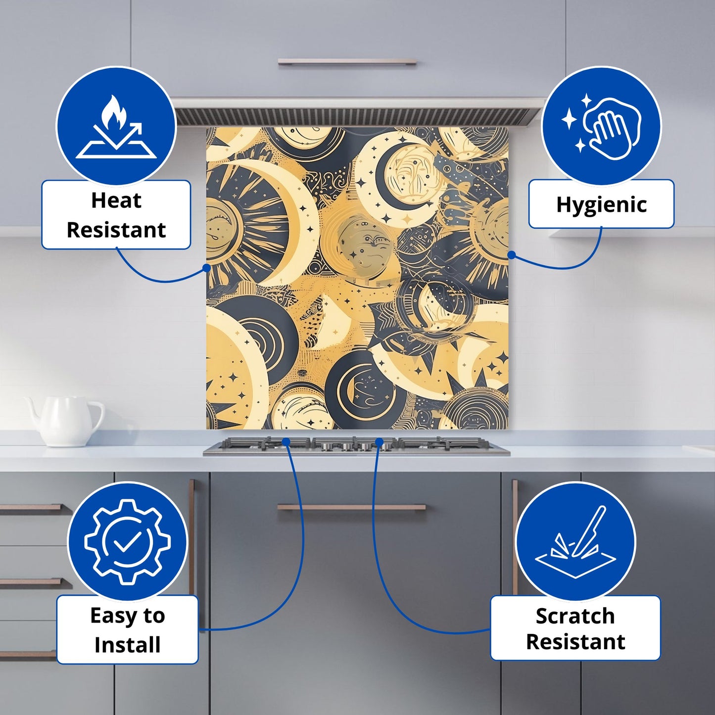 Blue Gold Moon and Sun Kitchen Splashback