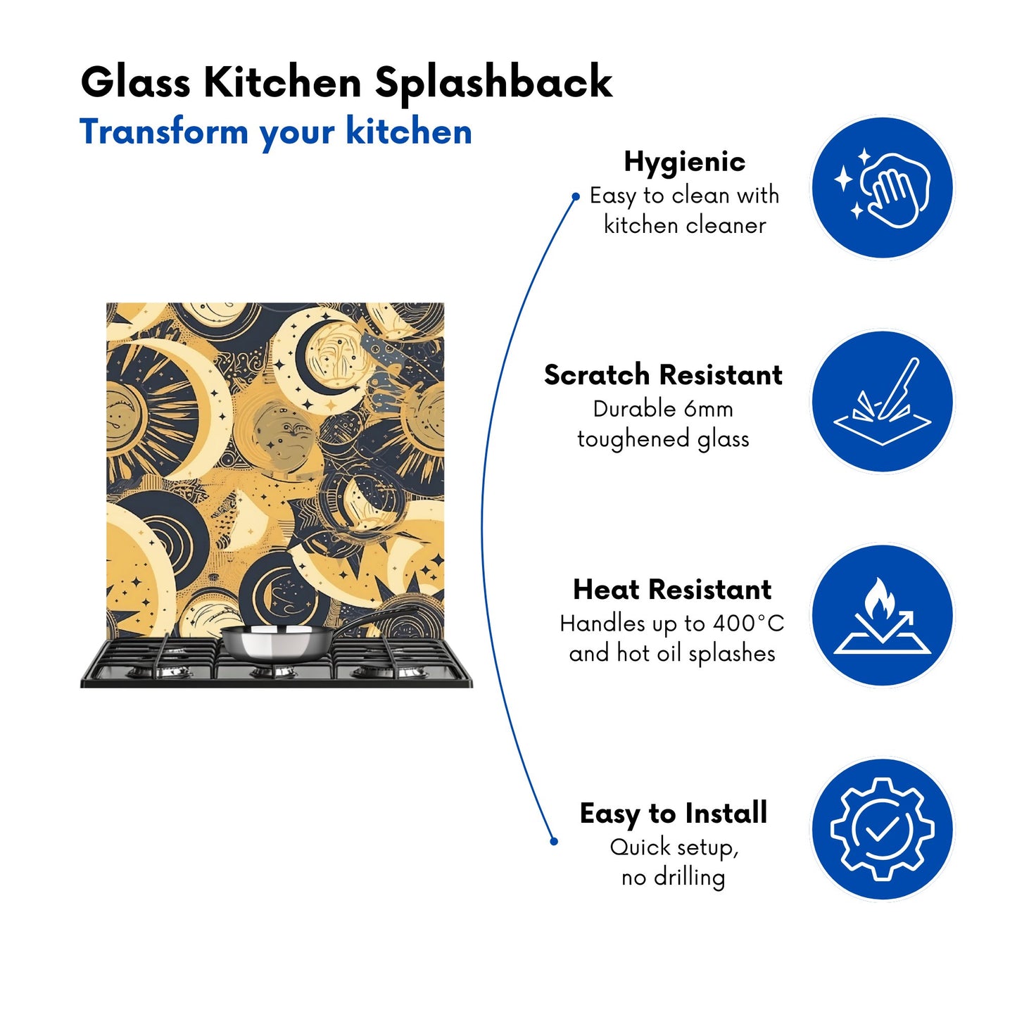 Blue Gold Moon and Sun Kitchen Splashback