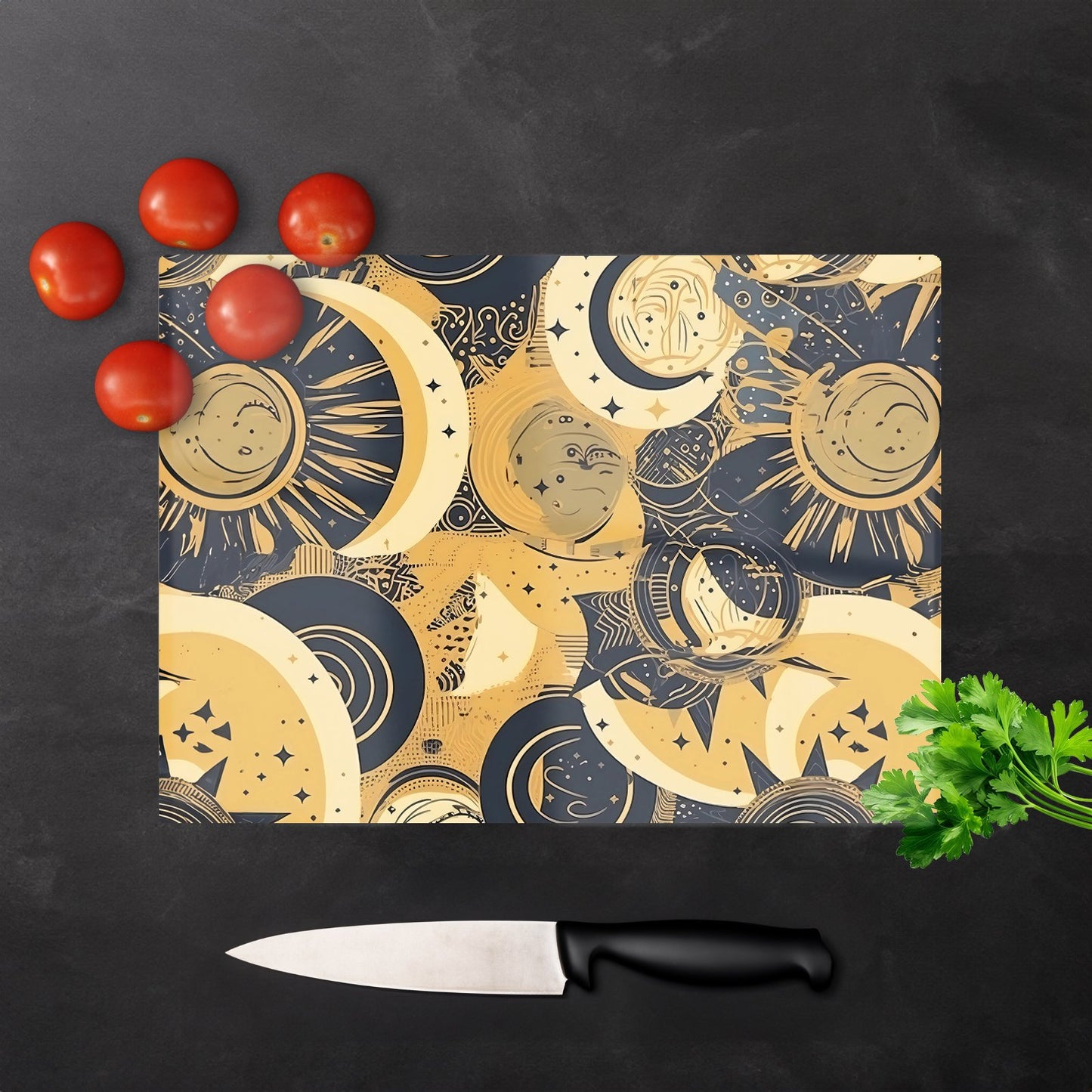 Blue Gold Moon And Sun Glass Chopping Board