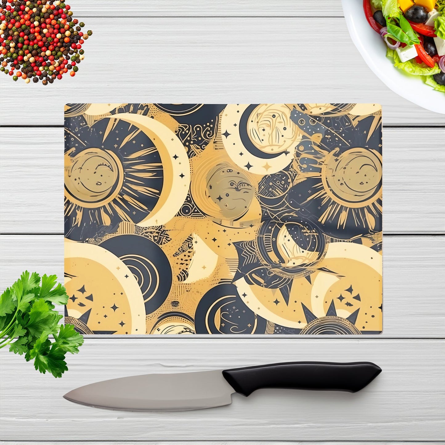 Blue Gold Moon And Sun Glass Chopping Board