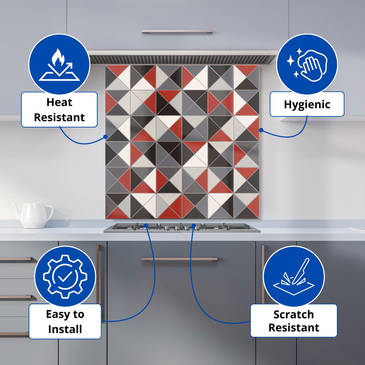 Grey Red Triangle Geometric Kitchen Splashback