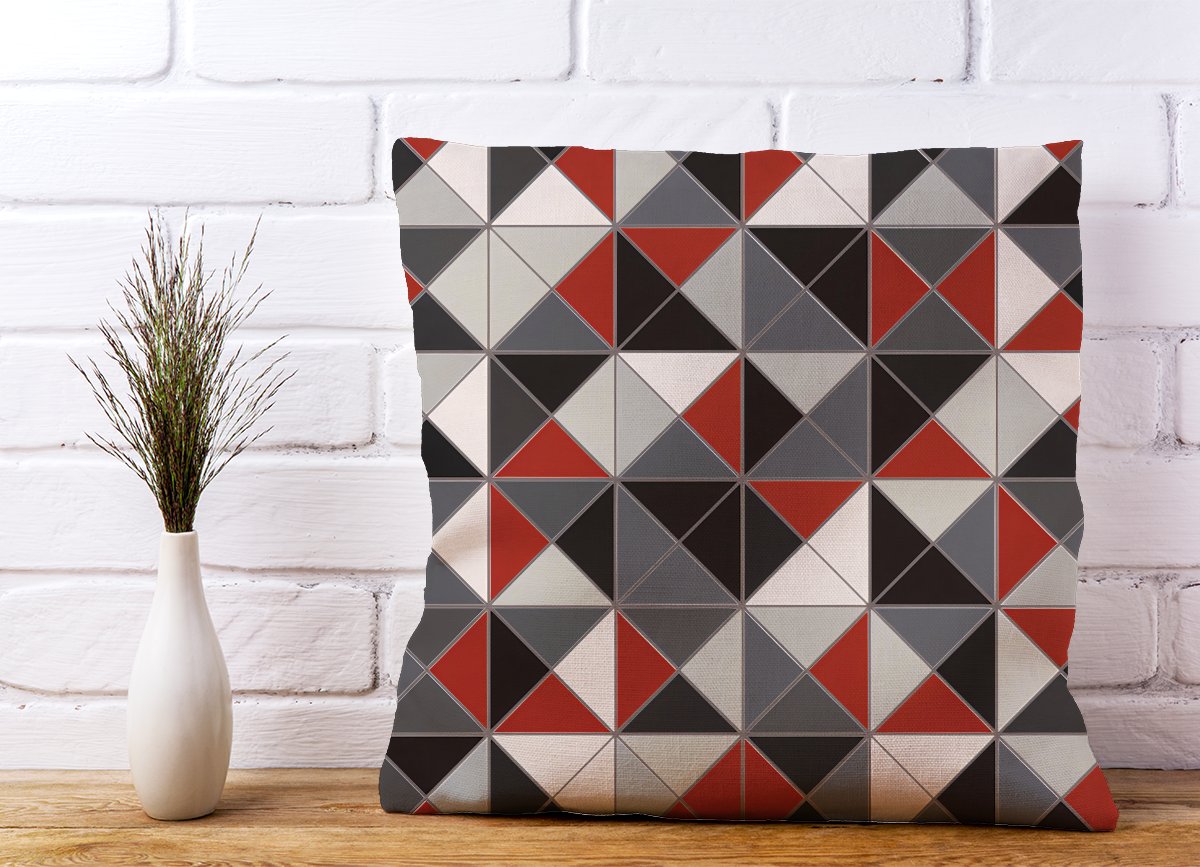 Grey Red Triangle Geometric Cushions
