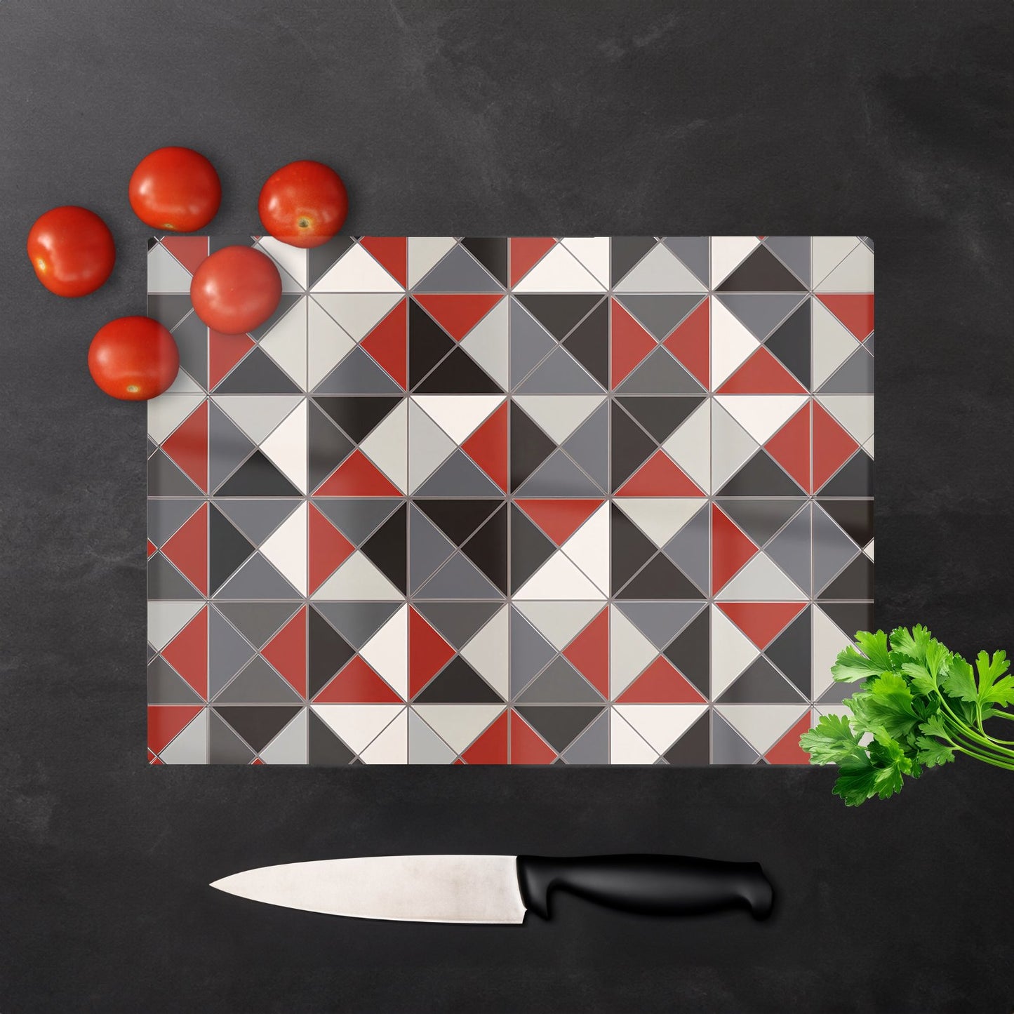 Grey Red Triangle Geometric Glass Chopping Board