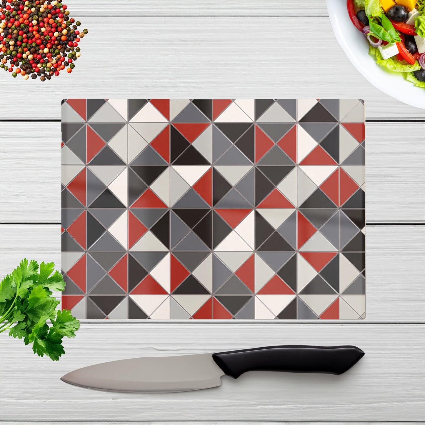 Grey Red Triangle Geometric Glass Chopping Board