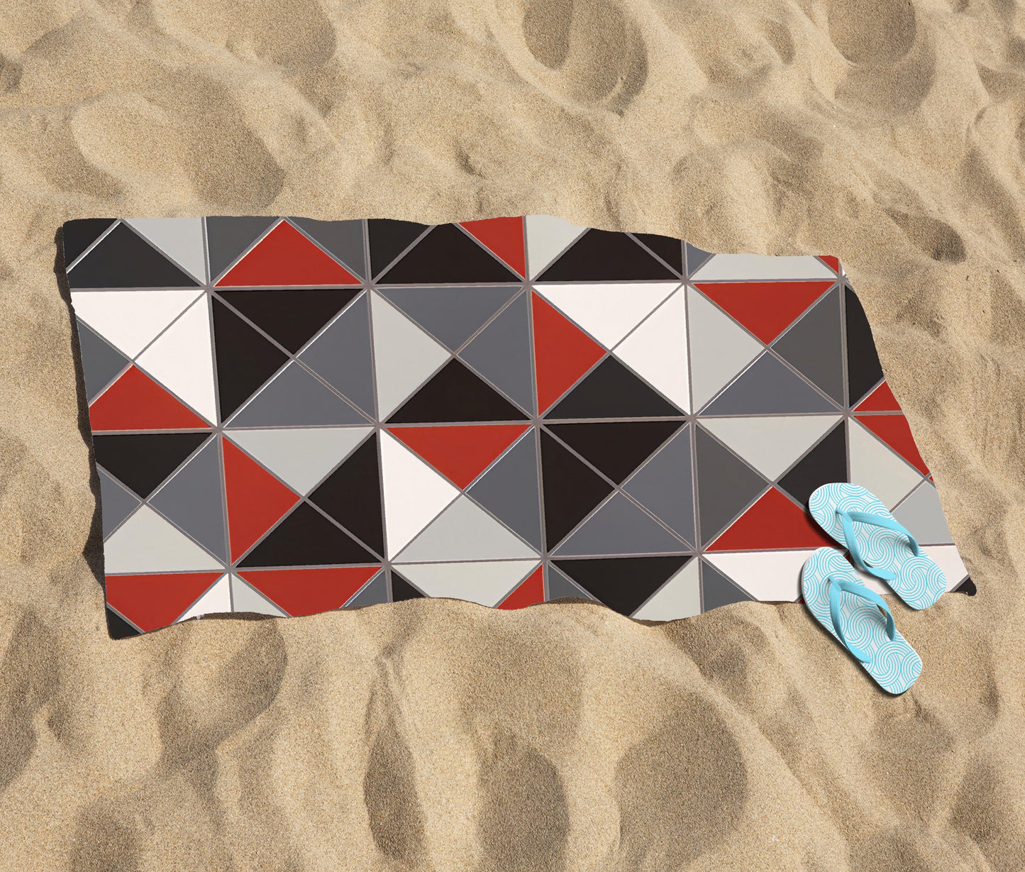 Grey Red Triangle Geometric Beach Towel