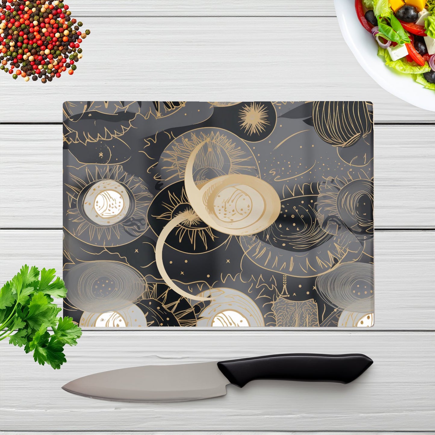 Abstract Silver Gold Sun And Moon Glass Chopping Board