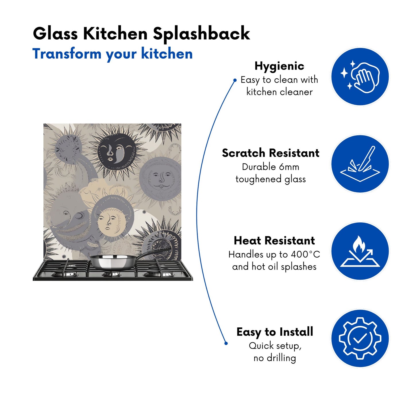 Grey Black Abstract Moon and Sun Kitchen Splashback