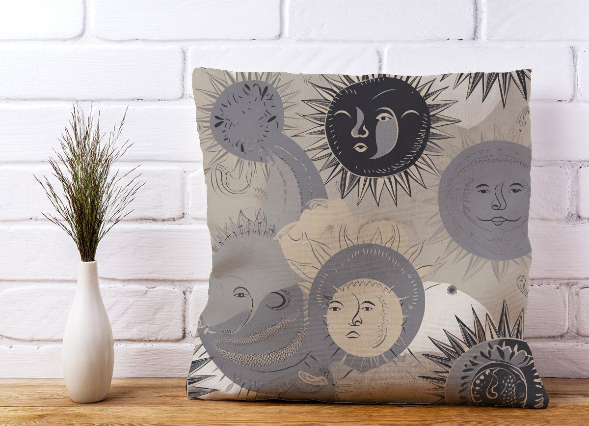 Grey Black Abstract Moon and Sun Cushions