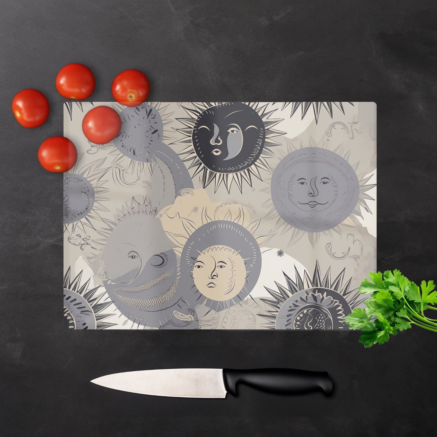 Grey Black Abstract Moon And Sun Glass Chopping Board
