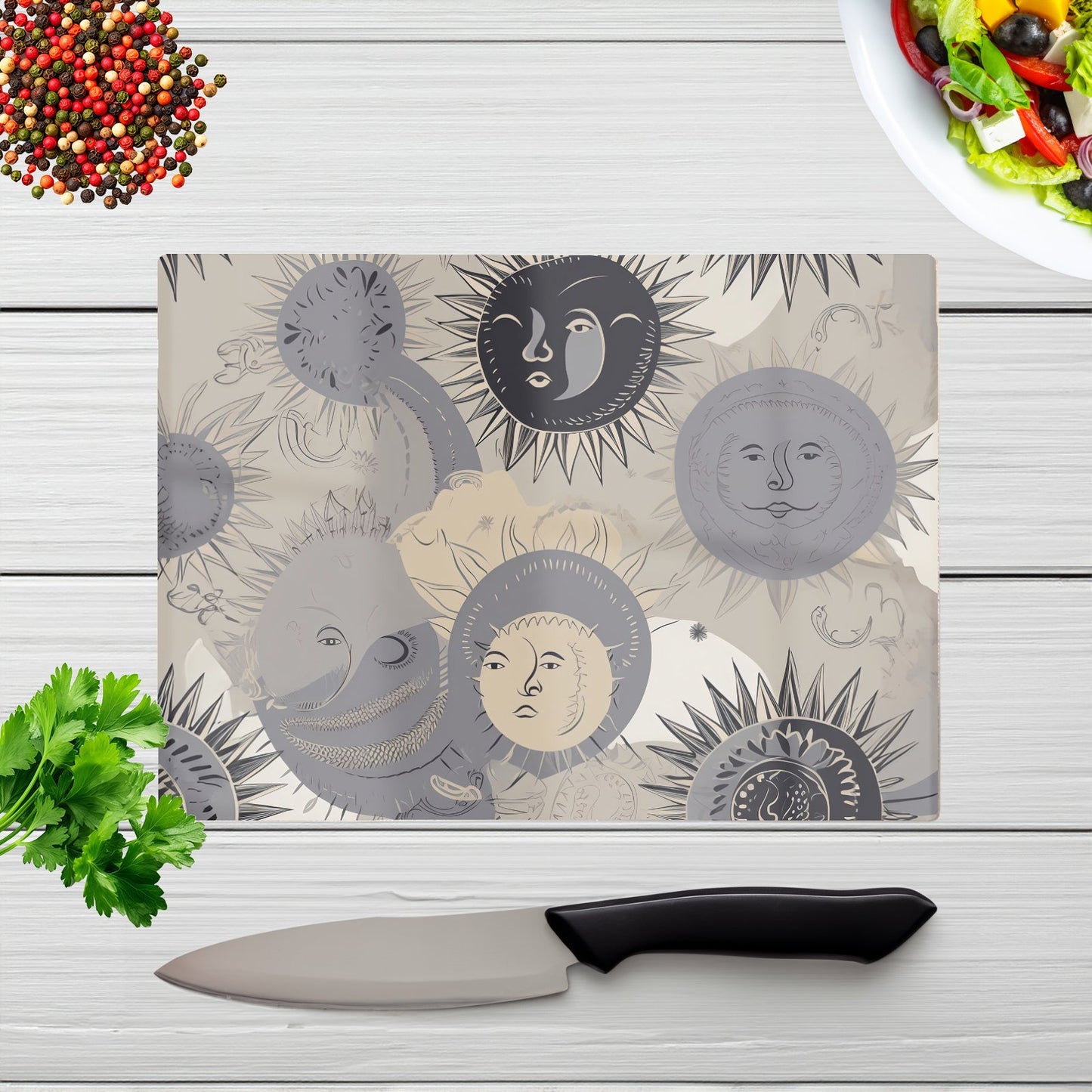 Grey Black Abstract Moon And Sun Glass Chopping Board