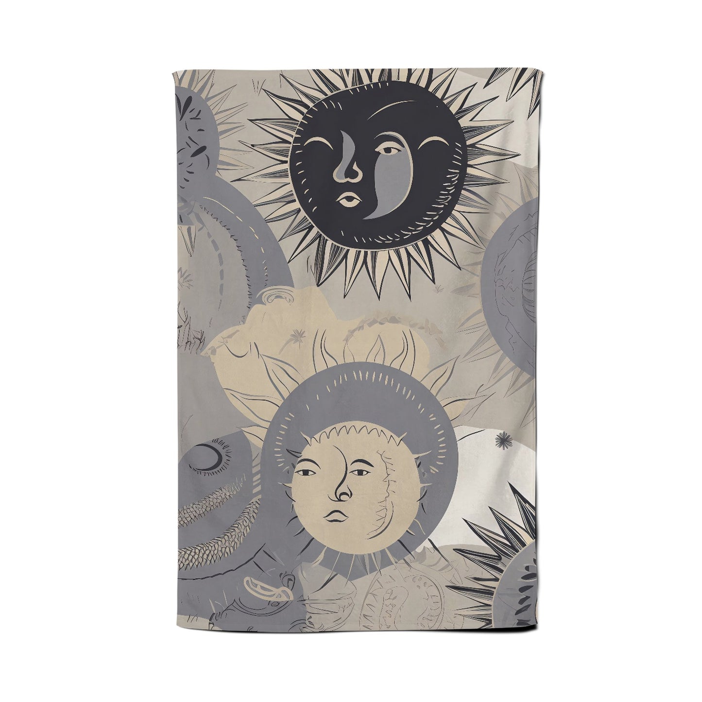 Grey Black Abstract Moon and Sun Tea Towel