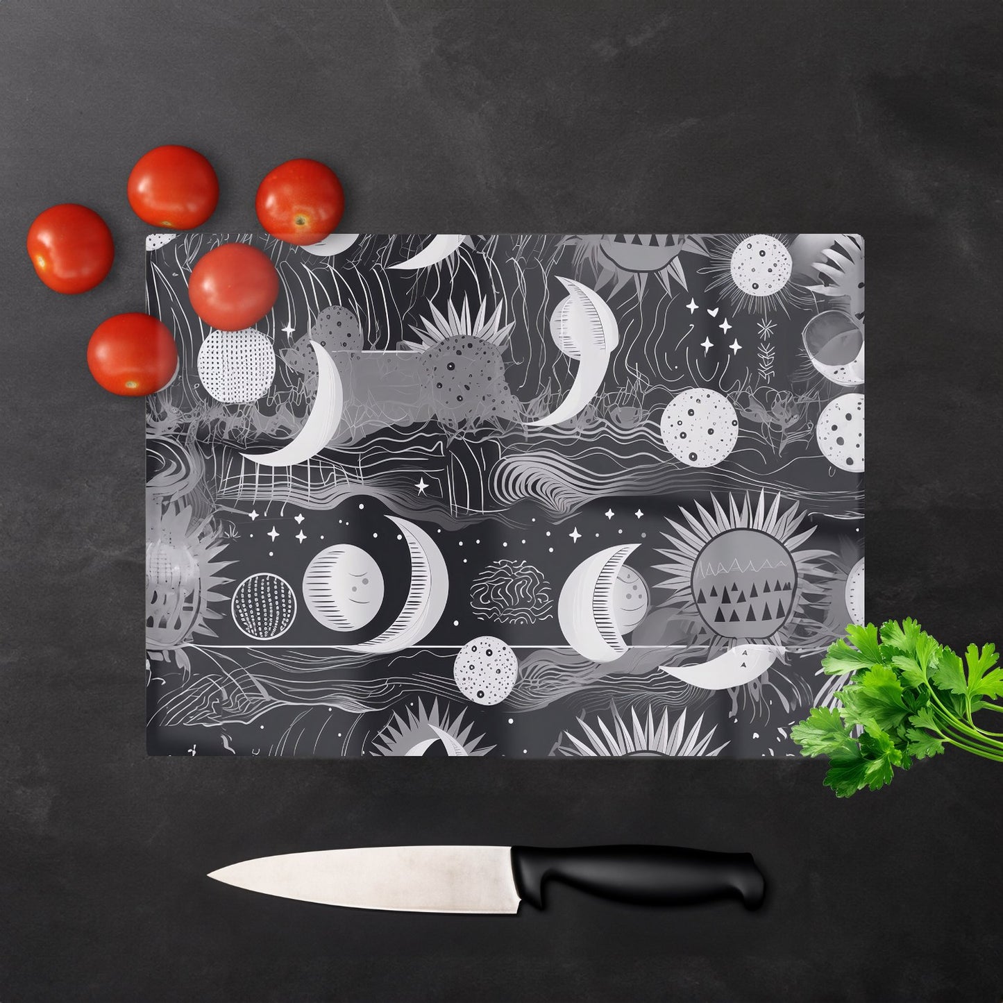 Abstract Black White Moon And Sun Glass Chopping Board