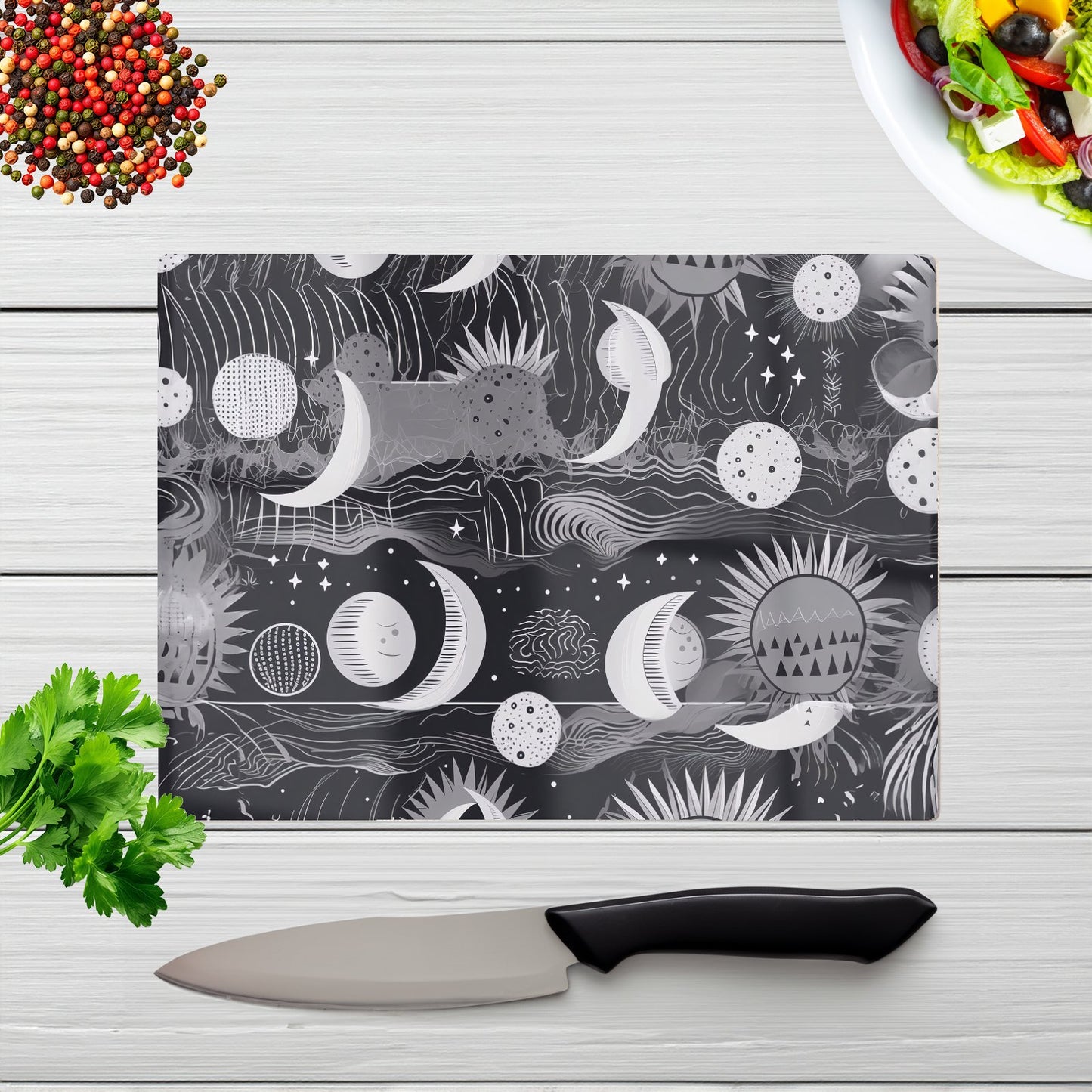Abstract Black White Moon And Sun Glass Chopping Board