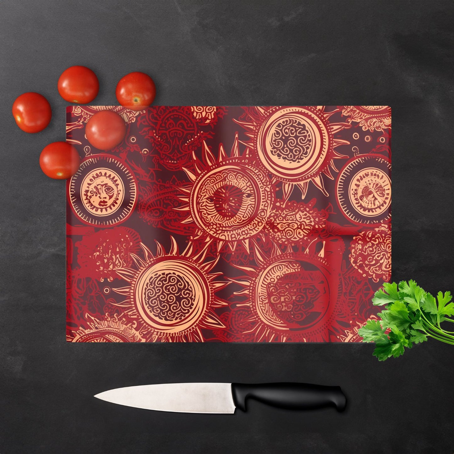 Abstract Red Moon And Sun Glass Chopping Board
