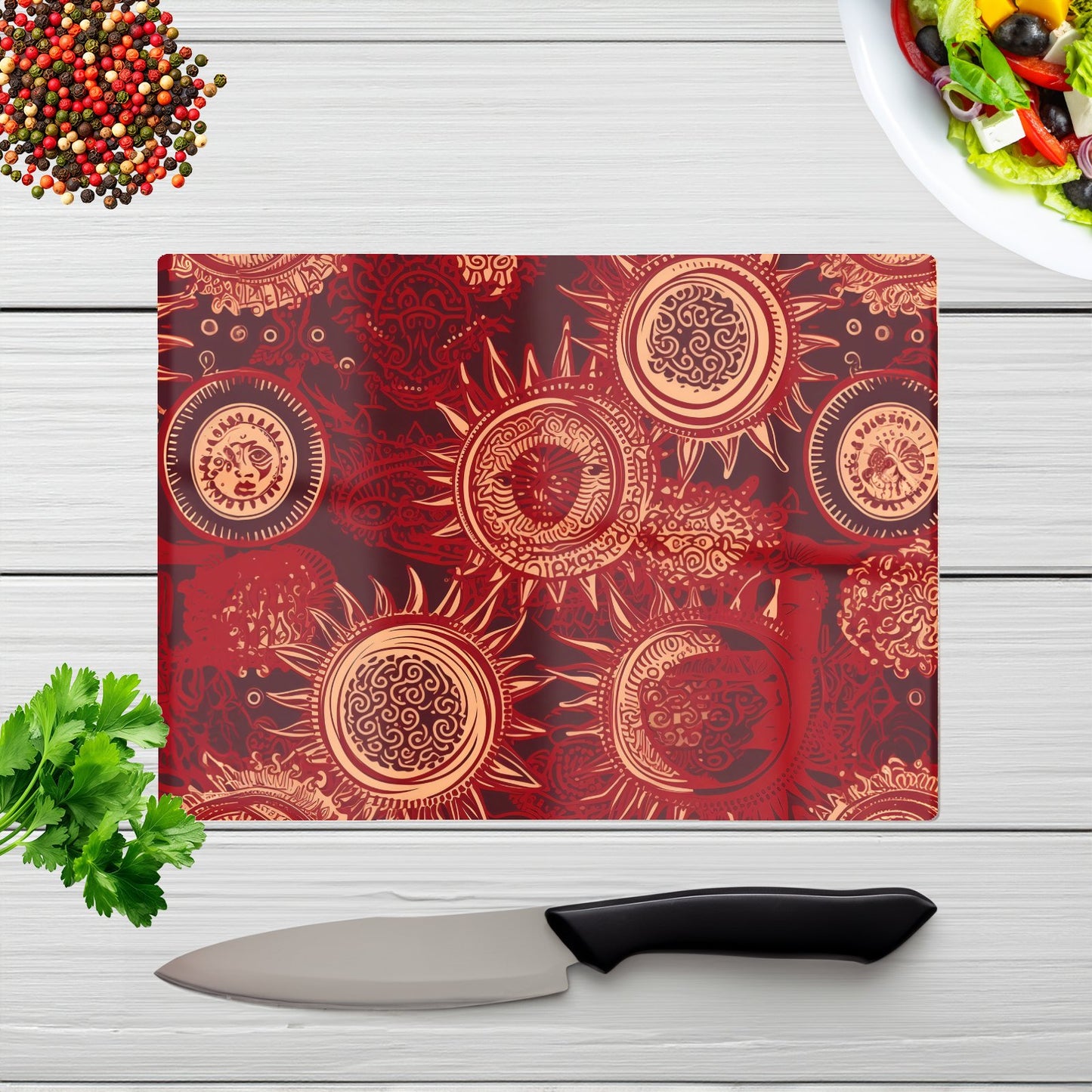Abstract Red Moon And Sun Glass Chopping Board