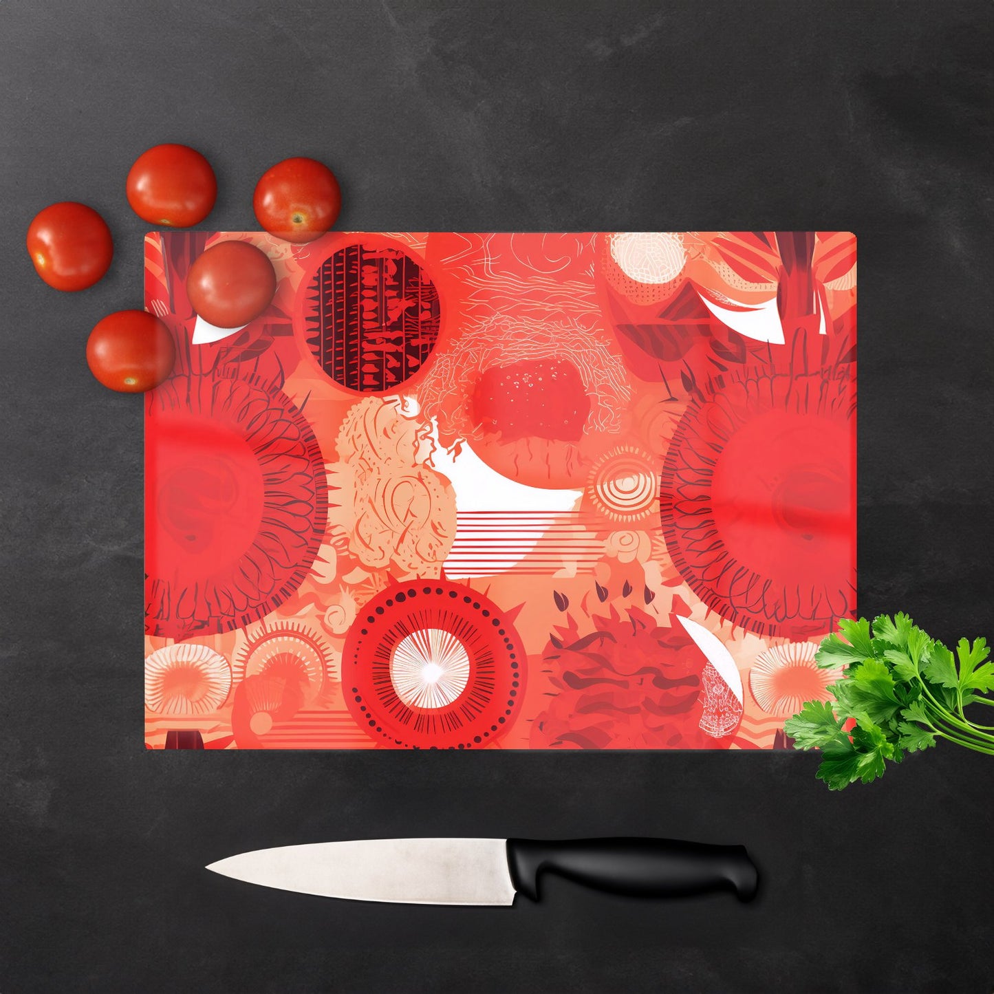 Abstract Red Sun Pattern Glass Chopping Board