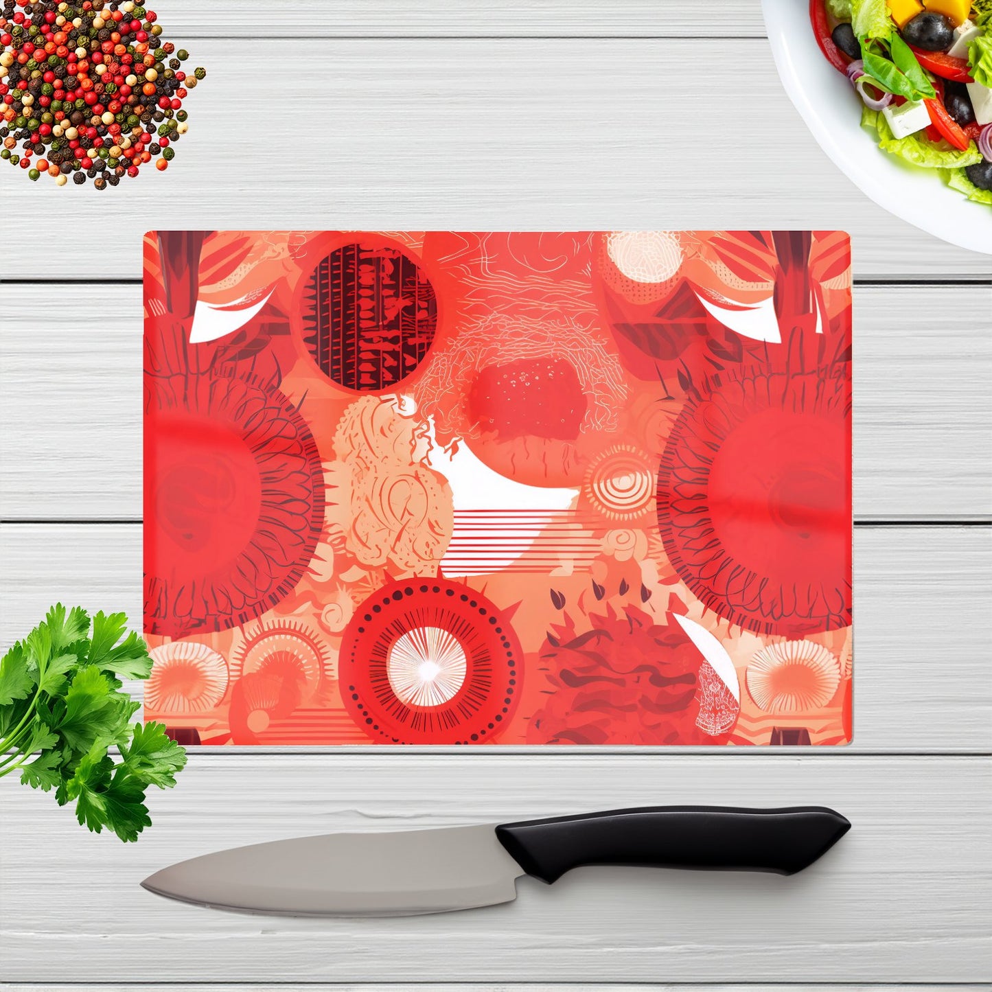 Abstract Red Sun Pattern Glass Chopping Board
