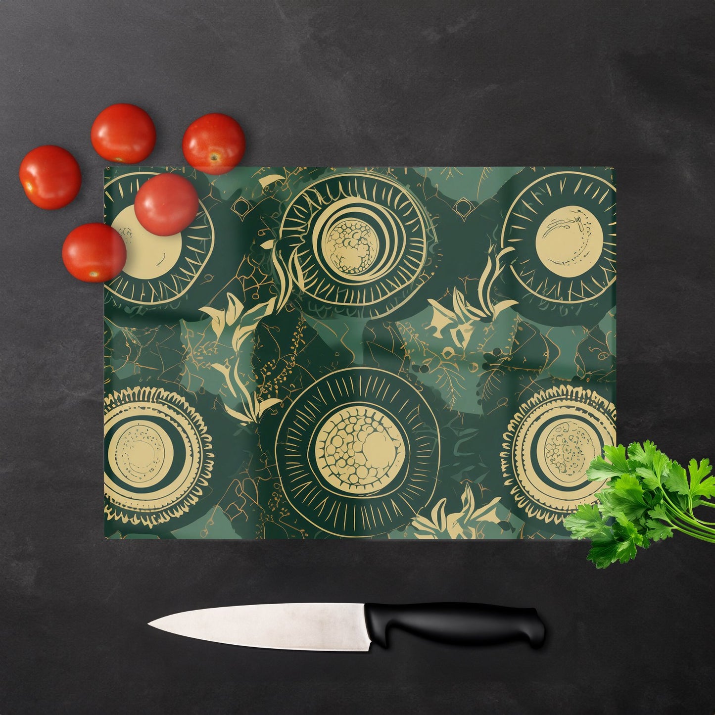 Abstract Green Gold Moon Pattern Glass Chopping Board
